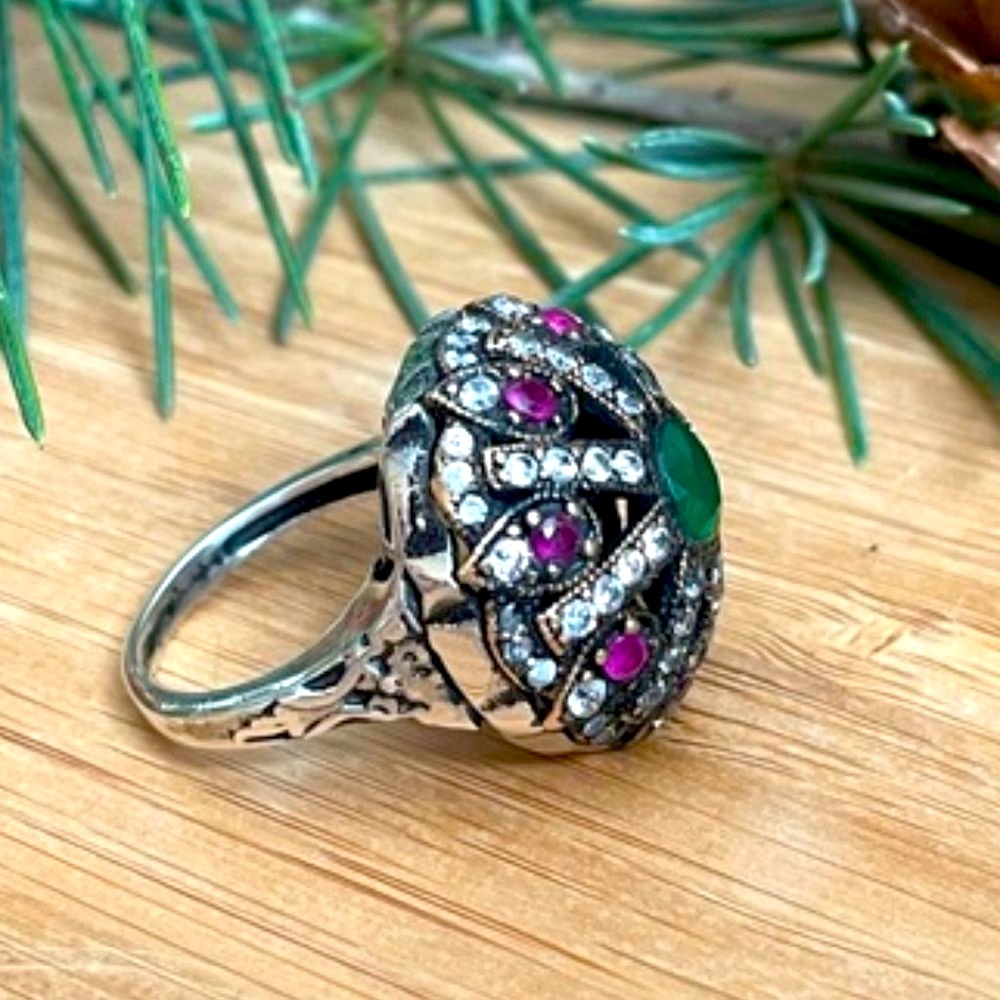 925 Sterling Silver, Emerald, Ruby &Topaz Ring